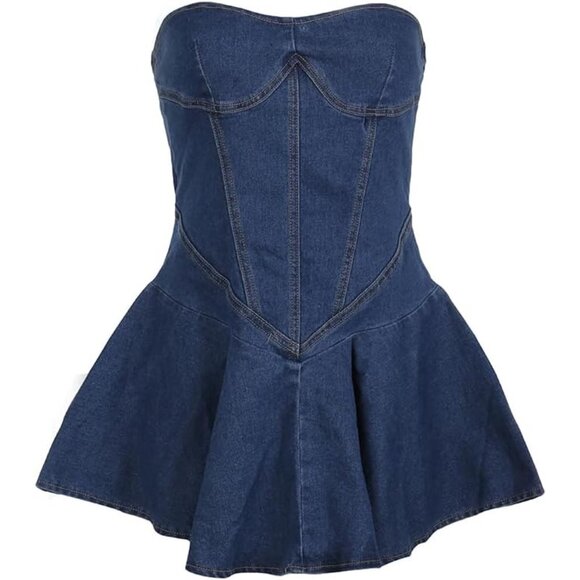 Women's Denim Mini Dress Strapless A-Line Casual Summer Fashion Lightweight - Picture 6 of 6
